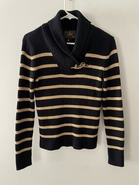 Lauren Ralph Lauren Black and Gold Striped Cowl Neck Sweater Size M